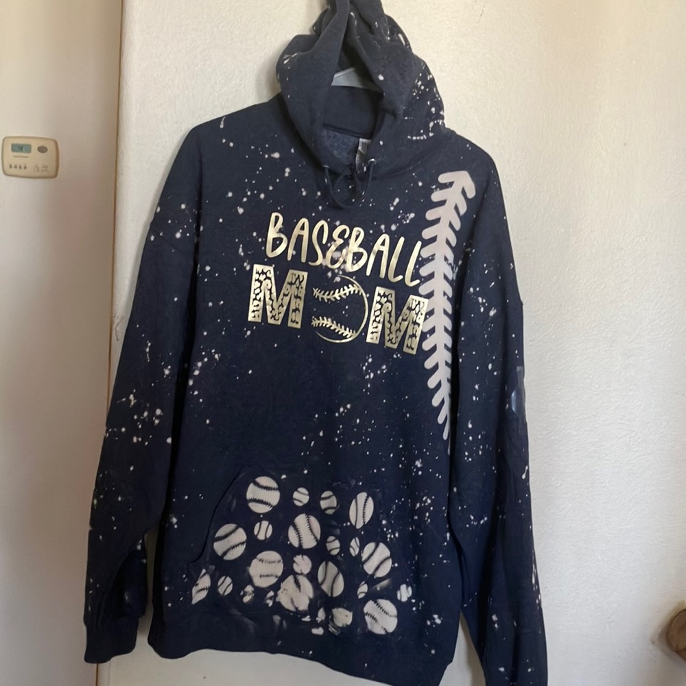 “Baseball Mom” Bleached Designed Jerzees NuBlend Hoodie in Dark Gray‎